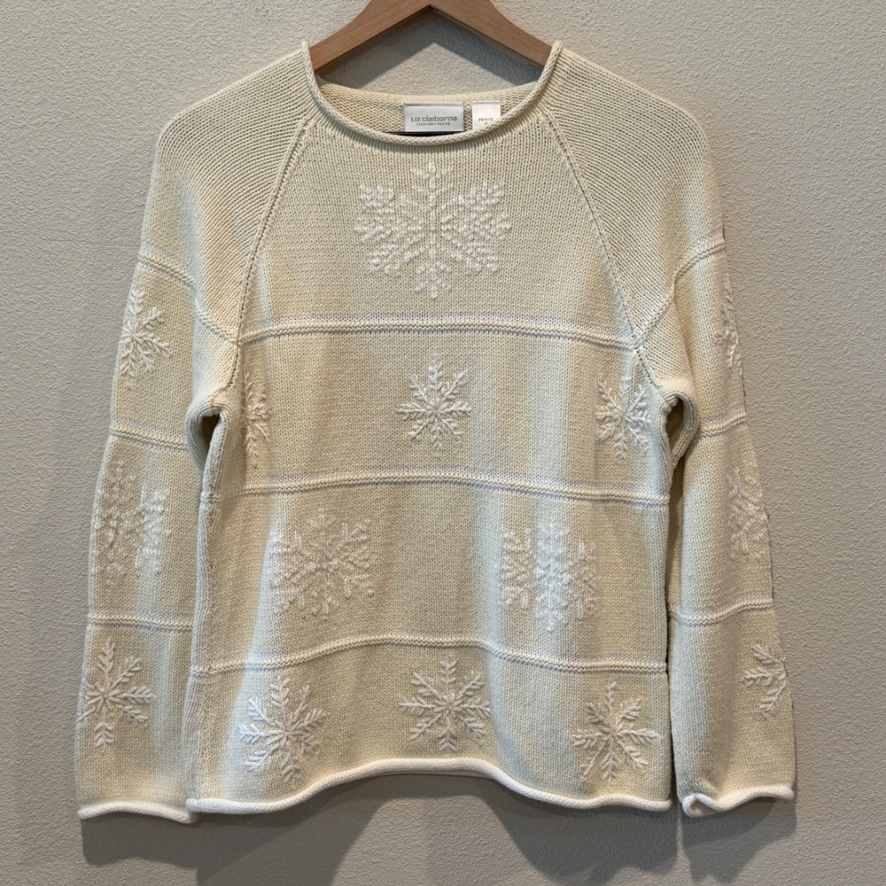 LIZ CLAIBORNE Womens Cotton Roll Neck Sweater Size M Holiday Winter Snowflake